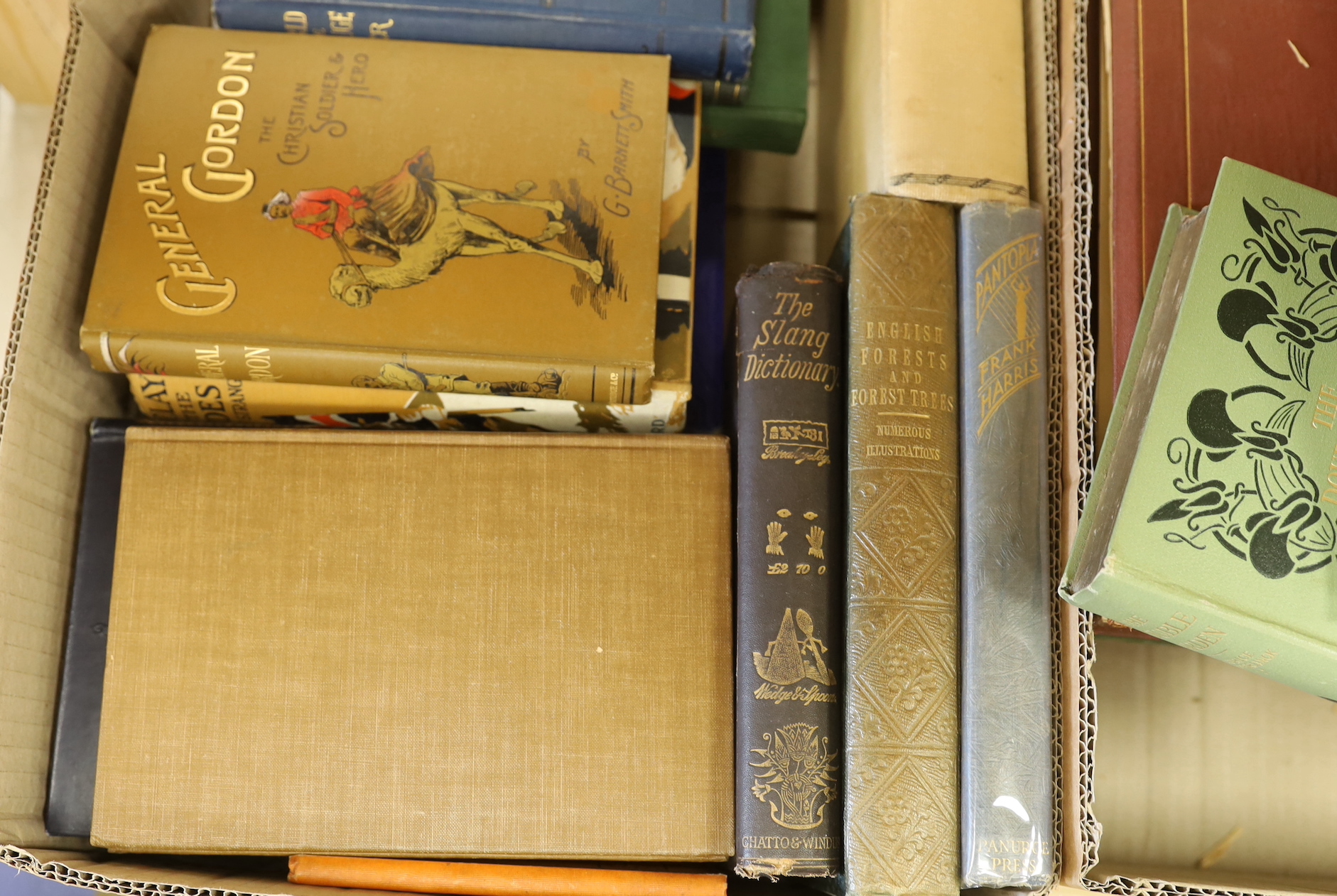 Two boxes of miscellaneous books, including two early editions of Stevenson's Dr. Jekyll and Mr Hyde